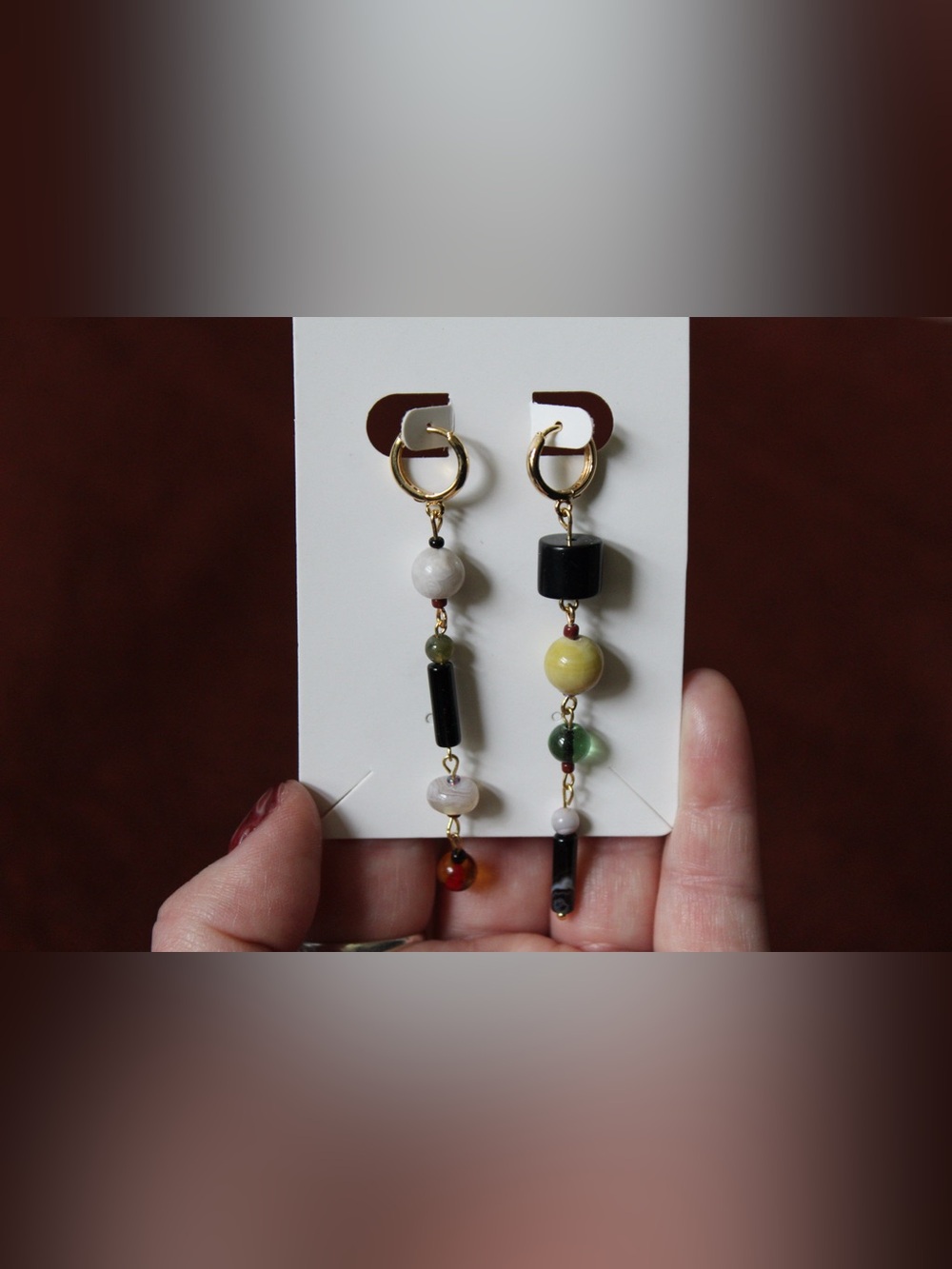 Gold Hoop Asymmetrical Multi-Bead Drop Earrings in Black, Yellow, Green